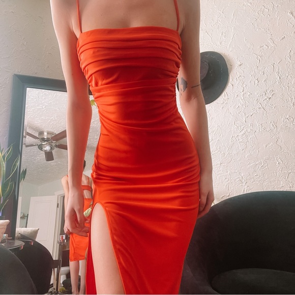 SOLD | ASTR The Label Hot Red Ruched Cutout Midi Dress - Picture 2 of 5